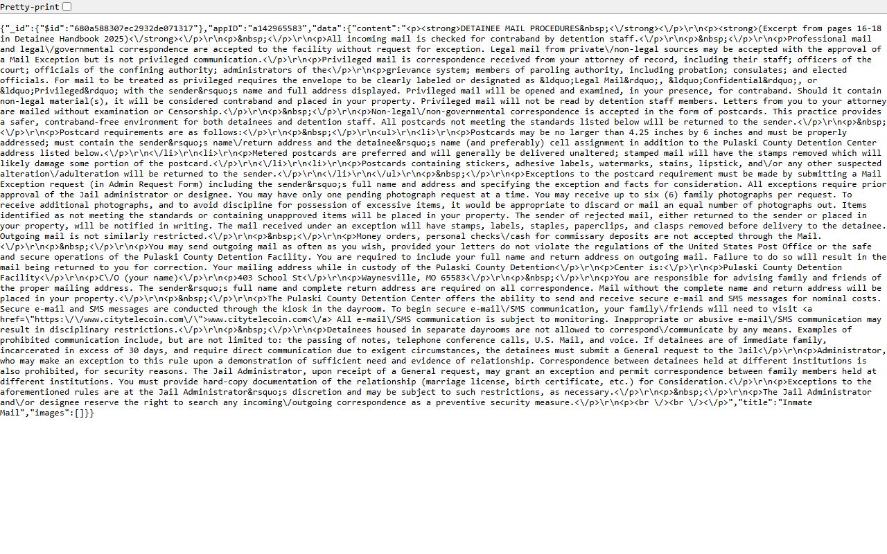 Pulaski County inmate mail page showing official mail procedures