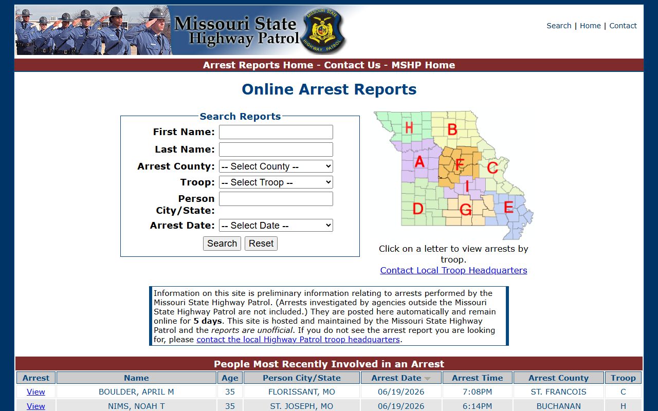 Pulaski County jail mugshots related MSHP arrest report search limits